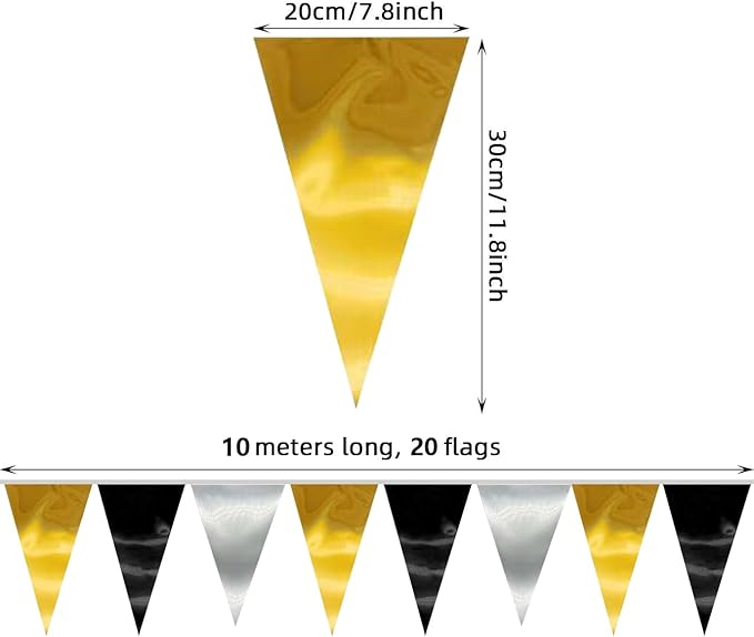 40M/130FT Black Gold Silver Triangle Pennant Banner Flag Metallic Fabric Bunting Garland for Christmas Wall Hanging,Graduation Decorations, New Years Decorations,Father' Da