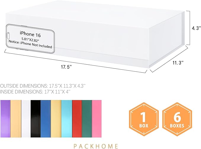 PACKHOME Extra Large Gift Box 17.5x11.3x4.3 Inches, Sturdy Shirt Box with Magnetic Lid for Clothes and Large Gifts (Glossy White)