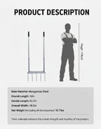 5-Tine Broad Fork Heavy Duty Garden Fork Built Tough for Lasting Durability Loosen and Aerate Clay Soil on Farms and in Home Gardens
