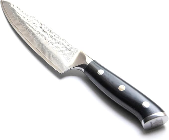 KANKA Grill 5" Damascus Steel Utility Knife - Professional 67 Layers, Hammered Finish, G10 Fiberglass Handle, Razor Sharp Kitchen Blade for Cooking, BBQ, Meat, Veggies & Slicing - Black
