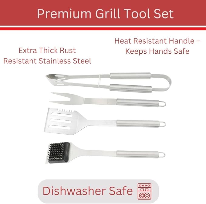 Stainless Steel BBQ Grill Tool Set - Barbecue Accessories & Utensils Sets - 4 Piece Spatula, Tongs, Cleaning Brush, Fork - 13.5" Barbeque Tools Kit - Gift for Grilling Lover Men Outdoor & Kitchen