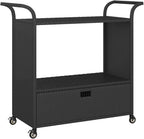 Outdoor Rolling Wicker Bar Cart with Drawer, Portable Bar Cart with Wheels, Patio Kitchen Island Cart for Pool Deck Backyard, Black 39.4"x17.7"x38.2" Poly Rattan -460
