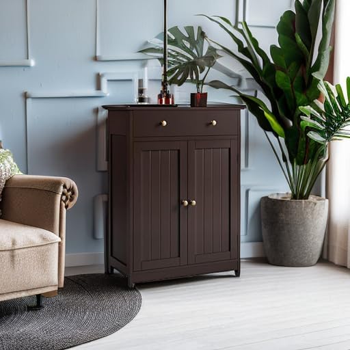 Yaheetech Bathroom Storage Cabinet with Drawer and Double Doors, Free-Standing Organizer with Inner Adjustable Shelf for Living Room, 11.8D x 23.6W x 31.5H in, Espresso