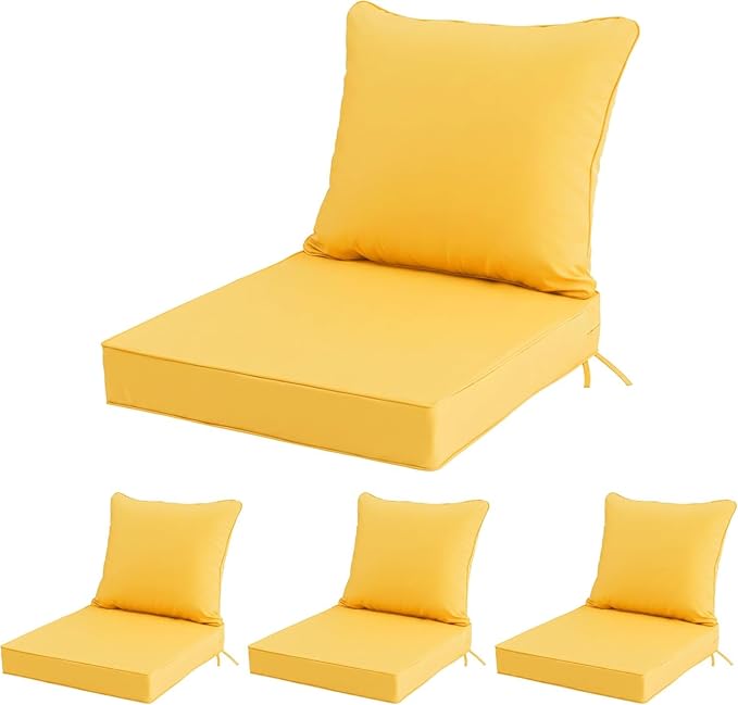 24x24 Inch Outdoor Chair Cushions Set of 4, Patio Furniture Cushions - Removable Cover, Water-Repellent, Fade-Resistant, Non-Slip Bottom & Straps, Replacement for Deep Seat Sofa & Couch - Yellow