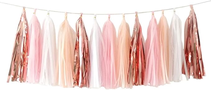 Shiny Tissue Paper Tassels Party Tassel Garland Banner Decorations, DIY Kits,Rose Gold,Peach,Pink,White,Pack of 20