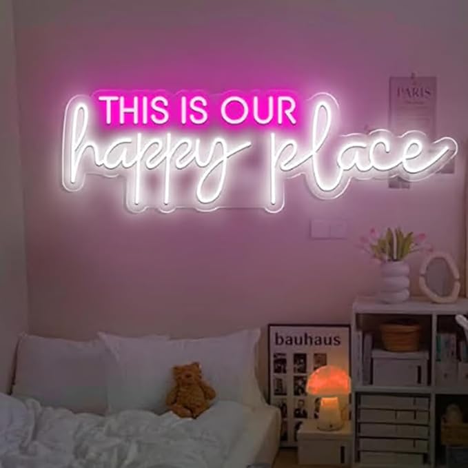 This is our Happy Place Neon Sign, Our Happy Place Neon Light, Personalized Wedding Sign for Home Decor, Personalized Gift For Kid Size:24inches