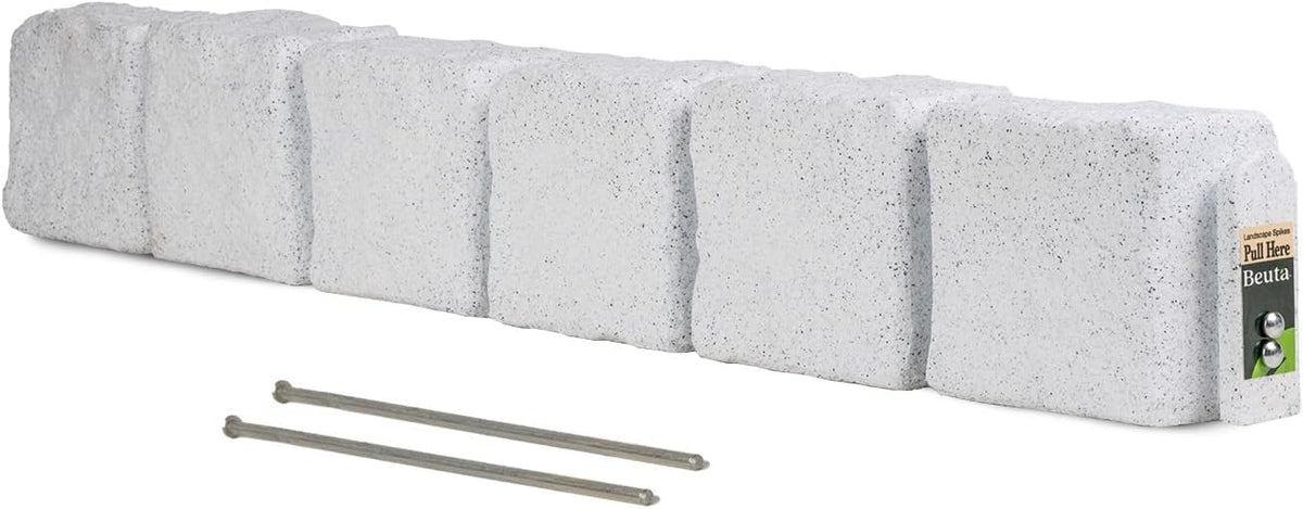 Beuta Landscape Edging | Garden Edging Border | Faux Stone Blocks for Lawn Edging, Flower Beds & Yard Edging – 1 Pack | Each Section Has 6 Blocks 48" L x 4" W x 6.5" H | 2 Spikes | Limewash