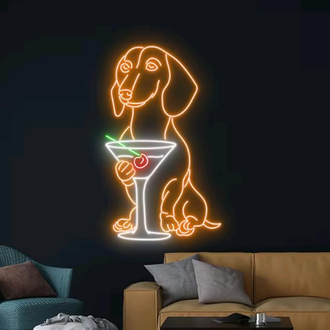 Dachshund Drinking Martini Neon Sign, Dachshund LED Light, Cocktail LED Sign, Wine Bar Club Neon Wall Decor Size:22inches