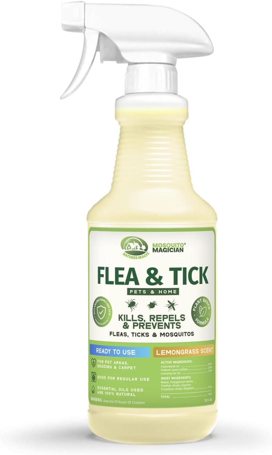 Mosquito Magician Indoor and Outdoor Spray - Use for Carpet, Furniture, Bedding, Couches & Pets – Plant-Sourced with Essential Oil – Lemongrass, 32 OZ