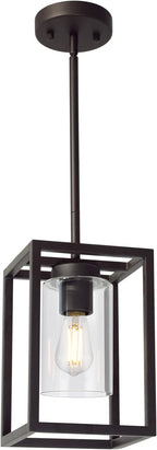 VINLUZ Modern 1-Light Cage Kitchen Island Pendant Lighting with Glass Shade Oil Rubbed Bronze Chandeliers Dining Room Lighting Fixtures Hanging Semi Flush Mount Ceiling Lights Bedrooms Hallway