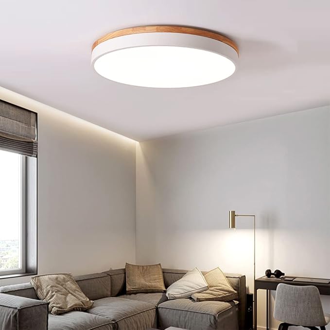 Dimmable Wood LED Flush Mount Ceiling Light, 5CCT 2700K-6000K Modern Round Close to Ceiling Lighting Fixtures, Minimalist White Ceiling Lamp for Living Room, Bedroom, Laundry Room
