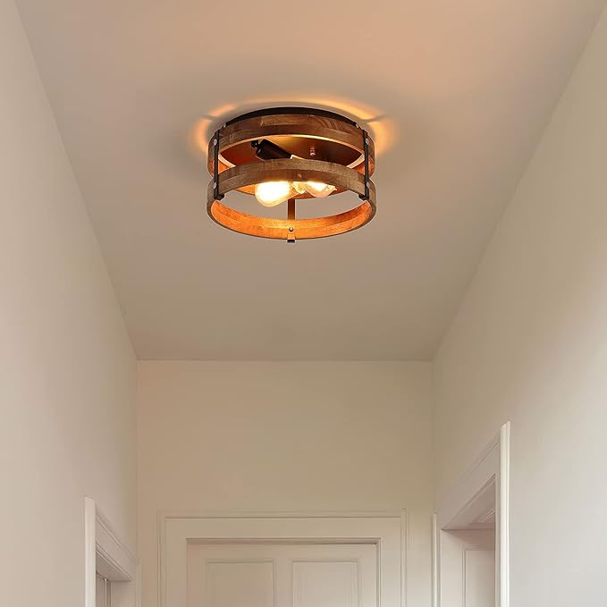 2-Light Rustic Flush Mount Light Fixture Oak Wood Round Drum Semi Flush Mount Ceiling Light for Hallway Bedroom Kitchen Entryway Farmhouse, Black