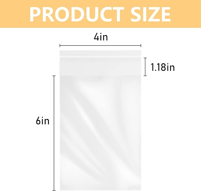 200 Pcs 4''x 6'' Clear Resealable Cello/Cellophane Good for Bakery,Adhesive Treat, Candle, Soap, Cookie Poly Bags