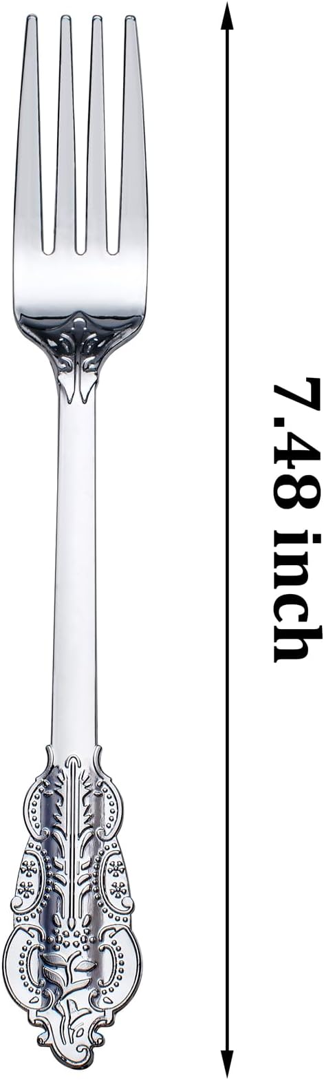 WDF 100 Piece Silver Forks Disposable - 7.48 Inch Silver Plastic Forks - Baroque Silverware for Dessert Cake - Heavy Duty Plastic Fork for Christmas Party, Wedding or Daily Using