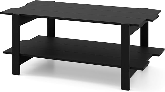 GOFLAME Wood Coffee Table with Storage, 2-Tier Irregular Center Table with Open Storage Shelf, Modern Accent Tea Table for Living Room, Home Office, Reception Room (Black)