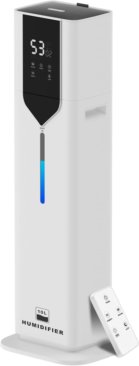 10L/2.6Gal Smart Humidifiers for Bedroom Large Room, Last 100 Hours humidifiers, Cover up to 600ft², Easy Top Fill,Auto Mode 3 Mist Modes, Quiet 30dB humidifier for Bedroom, Office, Baby, White