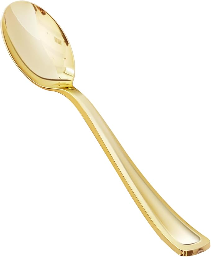 BESTVIP 50 Pack 6.9 Inch Gold Plastic Spoons, Heavy Duty Plastic Silverware, Heavyweight Gold Disposable Spoons, Disposable Serving Utensils for Catering, Parties, Dinners, Weddings, Christmas
