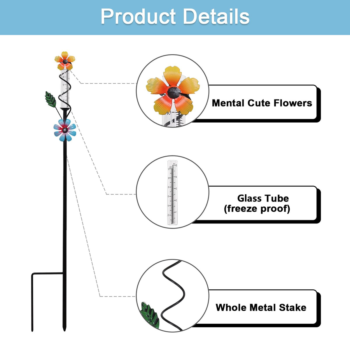 ESTTOP Flower Rain Gauge Outdoor, 5 Inch Glass Tube Freeez-Proof Metal Stake Weather-Resistant Rain Gauge-Lawn and Garden Yard Decor for Accurate Precipitation Measurement