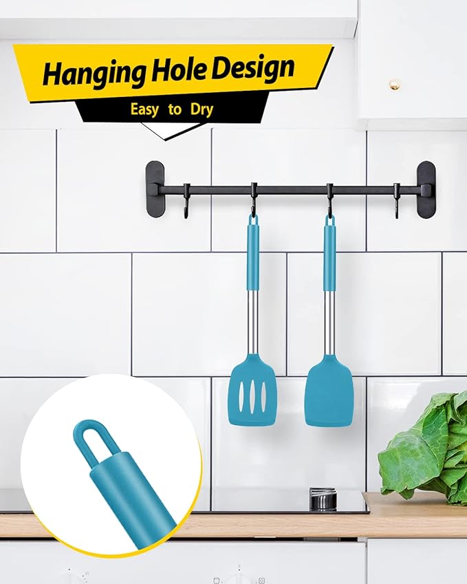 Pack of 2 Silicone Solid Turner, Non Stick Slotted Kitchen Spatulas, High Heat Resistant BPA Free Cooking Utensils, Ideal Cookware for Fish, Eggs, Pancakes(Blue)