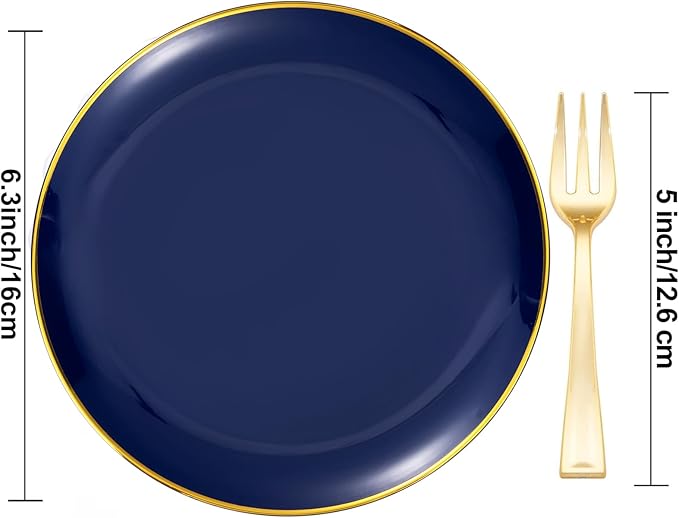 Festiva 200Pcs Navy Blue Gold Dessert Plates 6.3" with Plastic Forks 5"- Small Disposable Plates- Dessert/Cake/Appetizer Plastic Plates include 100Plates 100Forks for Christmas Party & Hanukkah