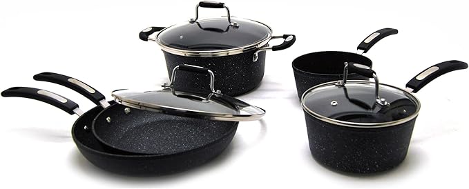 Starfrit The Rock 8PC Non-Stick Cookware set - Durable Forged Aluminum - Oven Safe - PFOA Free - Easy to Clean - Black