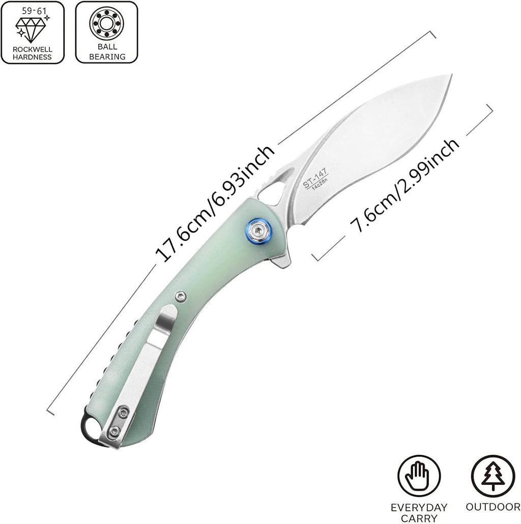 Sitivien ST147 Folding Pocket Knife,14C28N Steel Blade with G10 Handle Utility Knife EDC Tool Knife for Outdoor Camping,Hiking,Hunting(Jade)