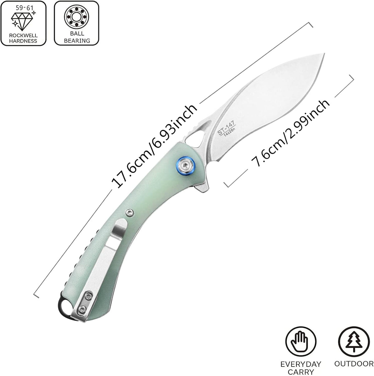 Sitivien ST147 Folding Pocket Knife,14C28N Steel Blade with G10 Handle Utility Knife EDC Tool Knife for Outdoor Camping,Hiking,Hunting(Jade)