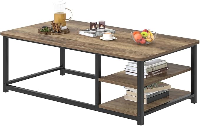 EXCEFUR Coffee Table with Storage Shelf, Modern Wood and Metal Center Table for Living Room, Rustic Oak, 47 Inch