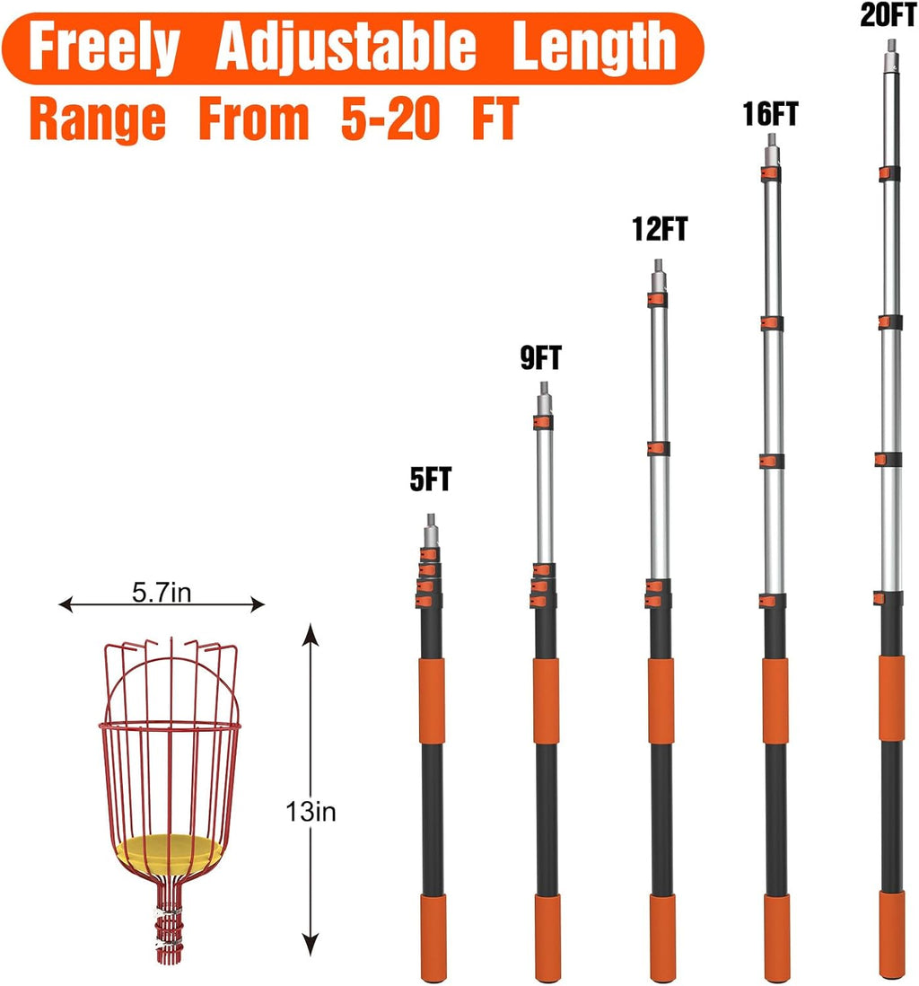26FT Reach Fruit Picker Pole with Basket Telescoping, Apple Picker with 5-20FT Telescoping Pole for Apple Orange Lemon Mango Avocado Guava Fruit Picking