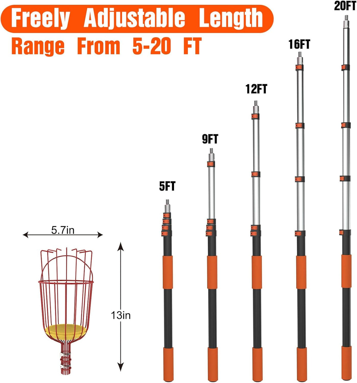 26FT Reach Fruit Picker Pole with Basket Telescoping, Apple Picker with 5-20FT Telescoping Pole for Apple Orange Lemon Mango Avocado Guava Fruit Picking