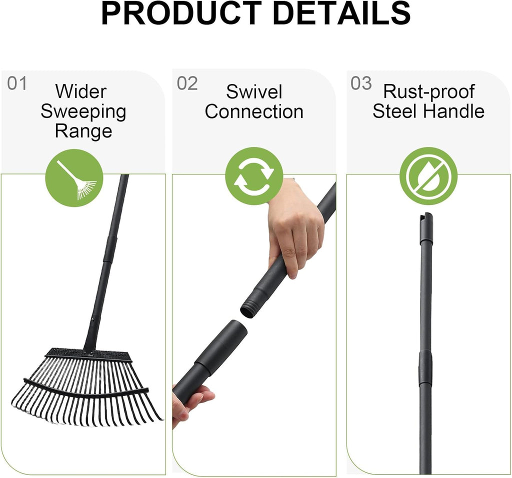 Rake for Leaves, 25 Metal Tines Wide Leaf Rake, 60'' Leaf Rakes for Lawns with Adjustable Steel Handle for Camping Flower Beds Mulch Shrub, Black