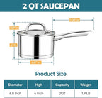 P&P CHEF 2 Quart Saucepan with Lid Set, Stainless Steel Small Cooking Pot Induction Sauce Pan for Pasta Soup, Ergonomic Handle & Tri-ply Base, Dishwasher Safe, 1 Pan