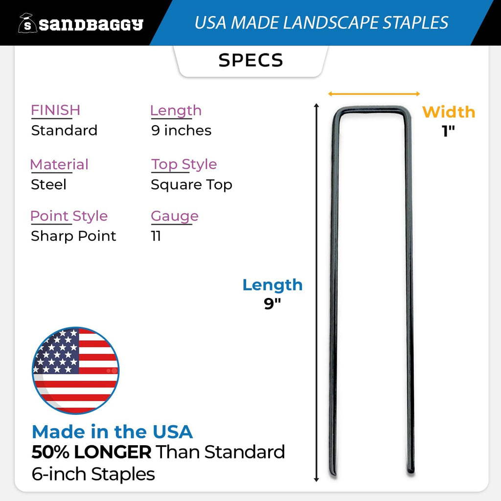 Sandbaggy USA Made 9-inch Landscape Staples - Garden Stakes - Landscaping Fabric, Netting, Sod, Artificial Turf (11 Gauge, 5000, Count)
