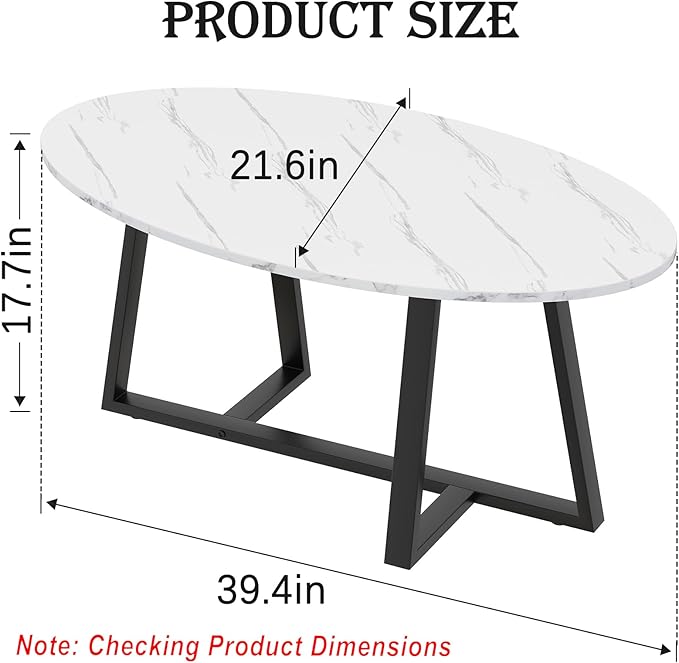 Coffee Table Small Oval Table,White Faux Marble Table for Living Room, Modern Center Tea Tables for Small Space,Wooden Tables End Tables with Sturdy Black Metal Leg