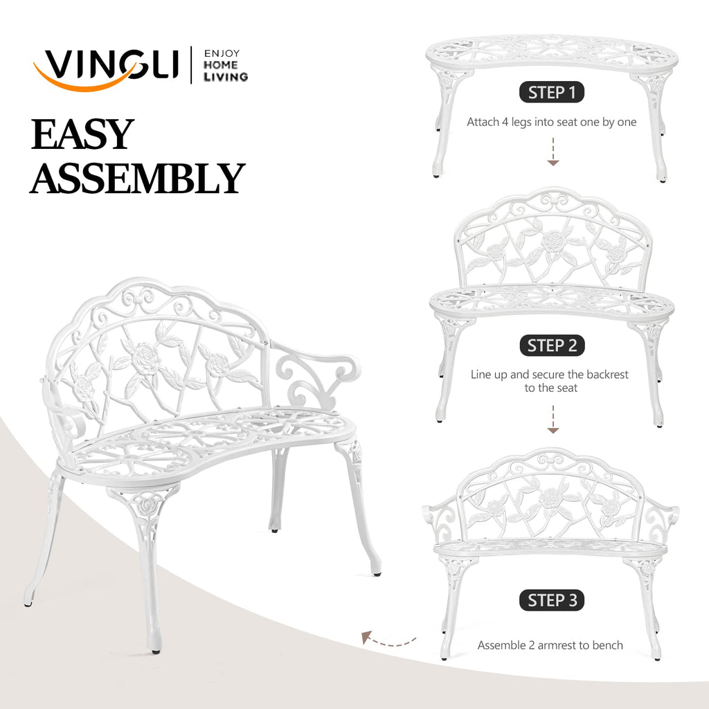 VINGLI 38.5" Patio Park Garden Outdoor Metal Rose Bench, 2-Person Cast Iron Cast Aluminium Frame Antique Finish Chair,Accented Lawn Front Porch Path Yard Decor Deck Furniture (White, Rose)