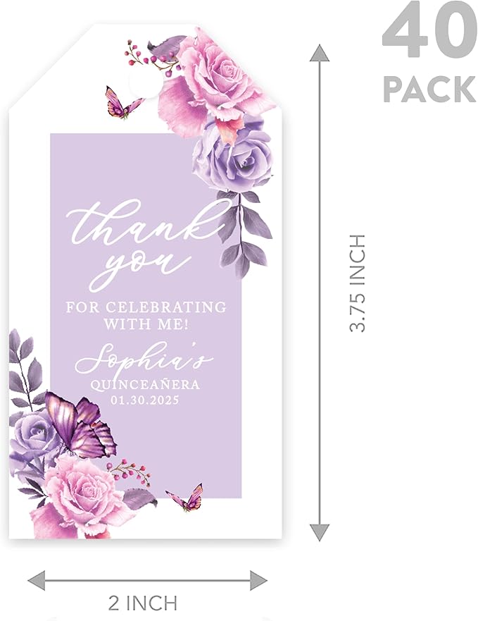Andaz Press 40-Pack Personalized Quinceañera Favor Tags with String, Lilac Butterflies Custom Classic Thank You Gift Tags for Quince Años XV 15th Birthday Favor Gifts Quinceanera Decorations