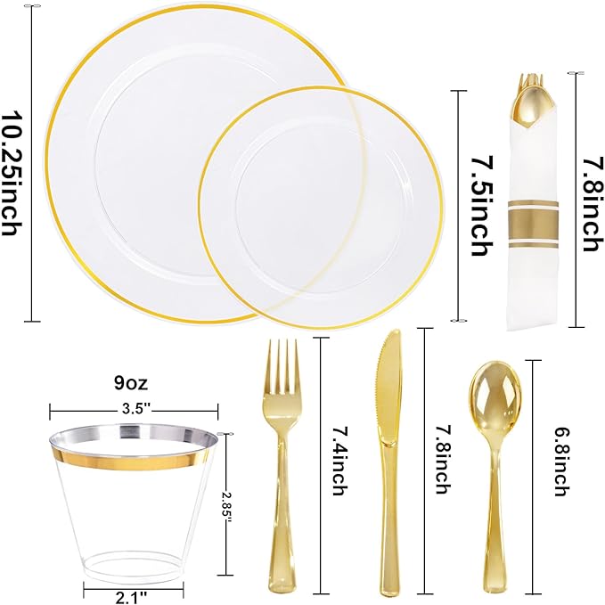 SUT 350 Pcs Gold and Clear Plastic Dinnerware Set for 50 Guests, Include: 50 Dinner Plates, 50 Dessert Plates, 50 Pre Rolled Napkins With Silverware, 50 Cups, Disposable Plates for Party, Wedding