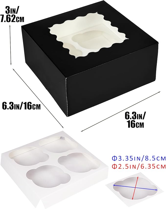 Bakepacker Auto-pop up 4 Cupcake Boxes with Window 20 Count Black Box 6.3 x 6.3 x 3inch Cupcake Carrier