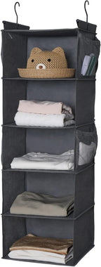 MAX Houser 5 Shelf Hanging Closet Organizer, Space Saver, Cloth Hanging Shelves with 4 Side Pockets, Foldable, Grey