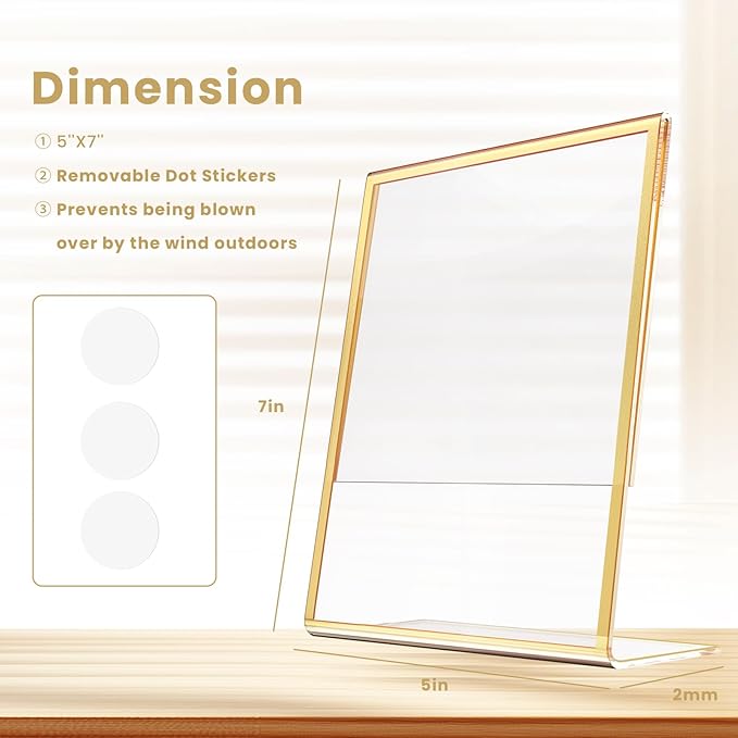 Acrylic Gold Frames 5 x7, Slanted Back Gold Picture Frames Table Acrylic Sign Holder for Photos Wedding Table Numbers and Art Display with Removable Clear Sticky Dots,3 Pack