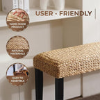 End of Bed Bench for Bedroom, 47" Entryway Bench with Solid Wood Acacia, Water Hyacinth Indoor Bench Seat, Boho Woven Bench for Living Room, Wicker Bench for Hallway or Kitchen, Wood Bench (Black Leg)