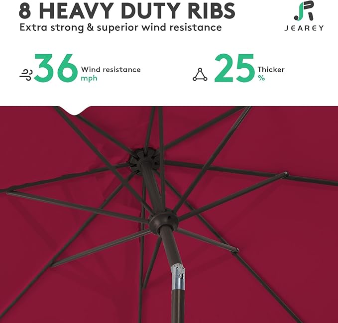 JEAREY 10FT Outdoor Patio Umbrella Outdoor Table Umbrella with Push Button Tilt and Crank, Market Umbrella 8 Sturdy Ribs UV Protection Waterproof for Pool, Garden (Wine Red)