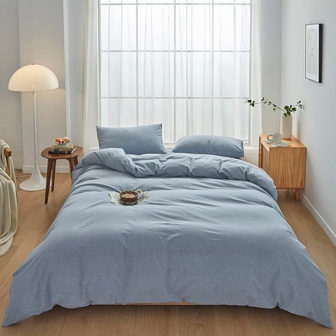 FACE TWO FACE Bedding Duvet Cover Set100% Washed Cotton Duvet Cover Linen Like Textured Breathable Durable Soft Comfy (California King, Cornflower Blue)