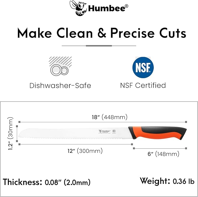12-Inch Serrated Bread Knife, Premium High Carbon Stainless Steel Blade Knife for Bread with Ergonomic Handle, NSF Certified, DT-30 Series, Orange