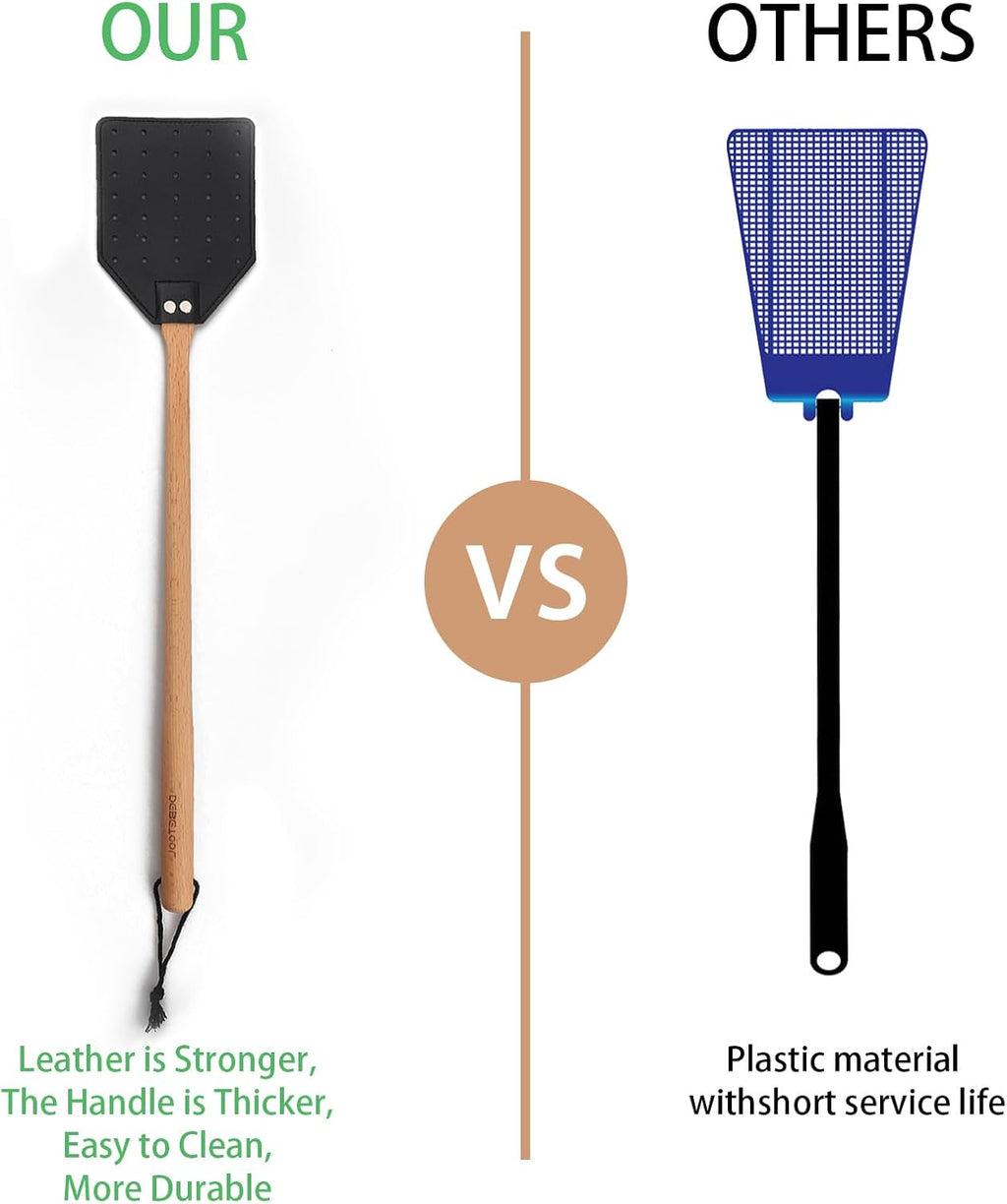 2 Pack Sturdy Leather Fly Swatter for Indoors - (19.7”)Long Handle Heavy Duty Wood Fly Swatter With Hanging Rope, Durable Fly Swatter for Outdoor Rustic Bug Swatter Flies,Mosquitoes And Bees