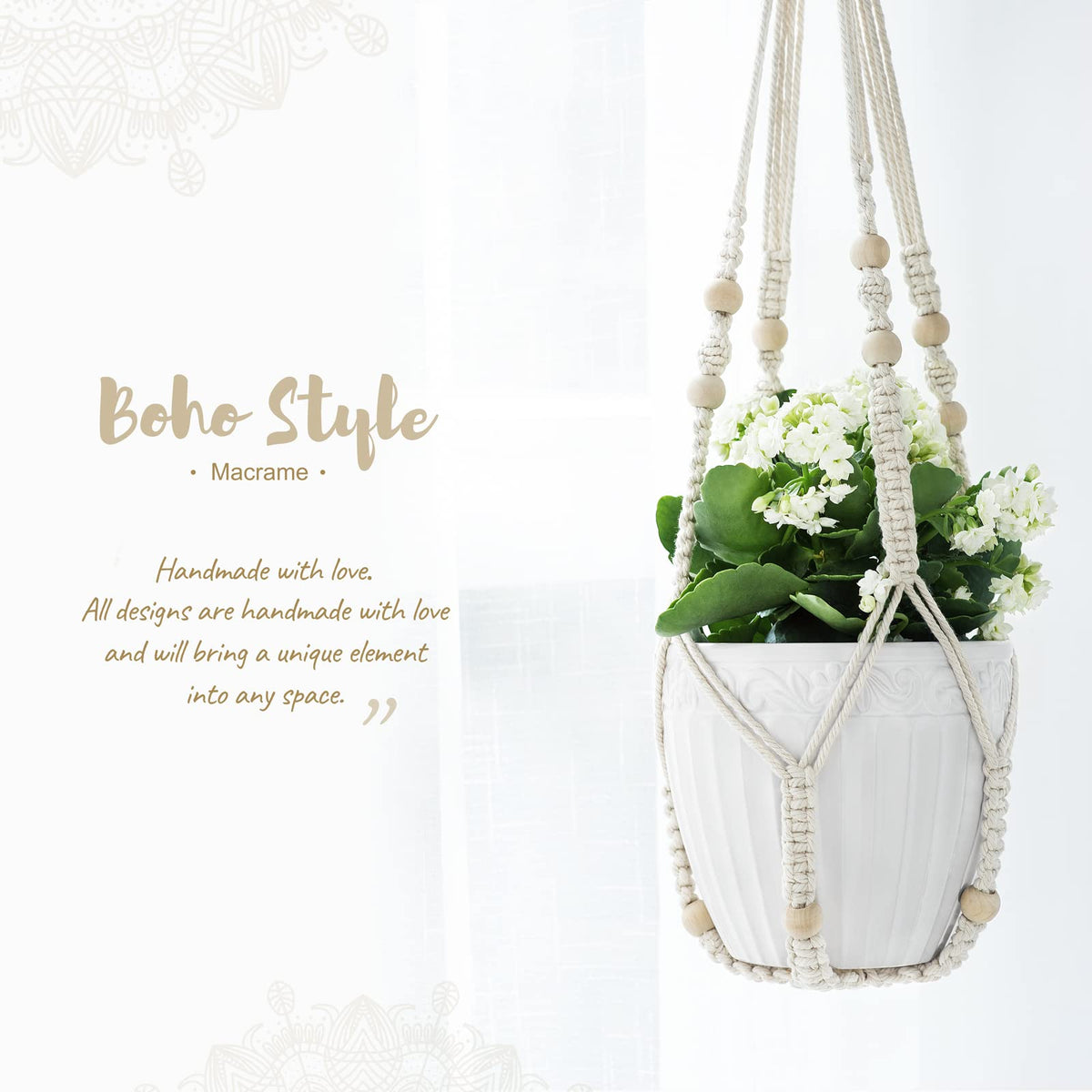 Mkono Macrame Plant Hanger Indoor 35 Inch Hanging Planter Basket Ivory 1Pc