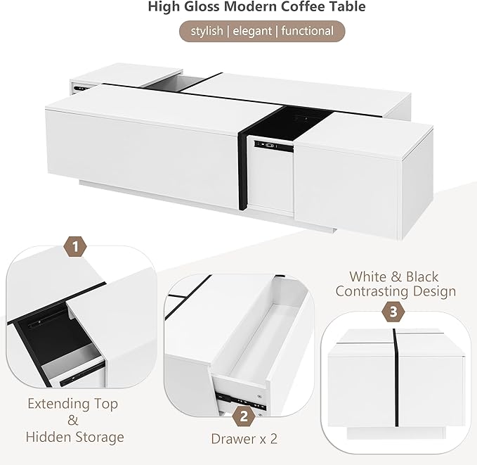 Modern High Gloss Coffee Table with Hidden Storage Space, 47.2-Inch Wooden Extending Top Center Table with Drawers for Living Room, White