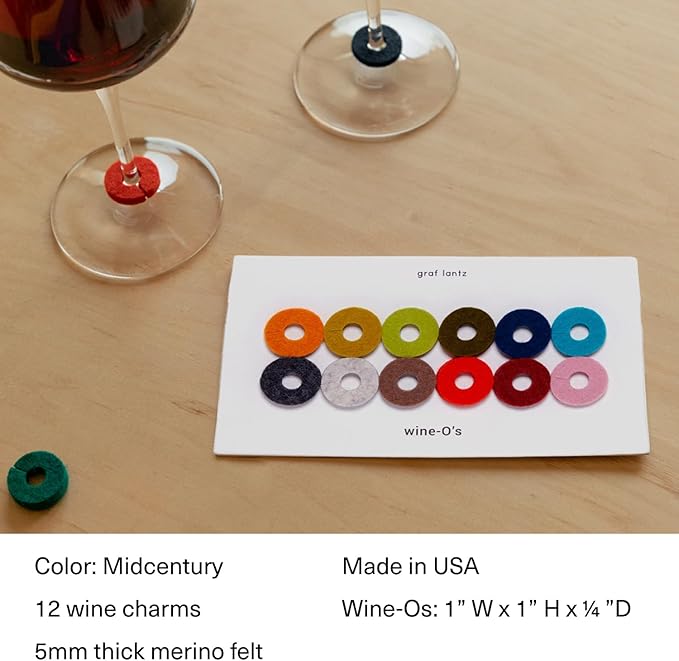 Graf Lantz - Wine-O's Merino Wool Wine Glass Charms (Midcentury) 12 Count - Drink Markers with Note Card - Reusable - 12 Colors - Boho Style - Home Decor, Party Favors & Vacation Essentials - 5mm Felt
