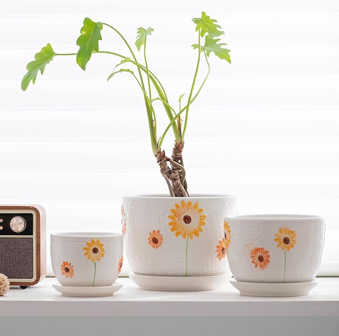 Ton Sin Plant Pots,Set of 3 Ceramic Sunflower Flower Pots for Indoor Plants,4+5+6 inch Pots with Drainage Hole Saucer,Garden Pots Catus Planters