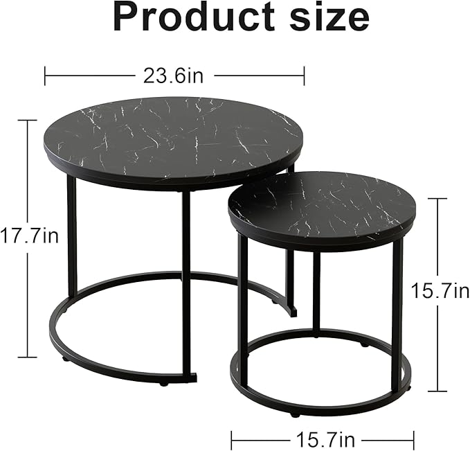 aboxoo Round Nesting Coffee Table Side Set of 2 End Tables for Living Room Bedroom Balcony,Black Faux Marble Wooden Table 23.6IN Accent Large Coffee Table with Steel Frame